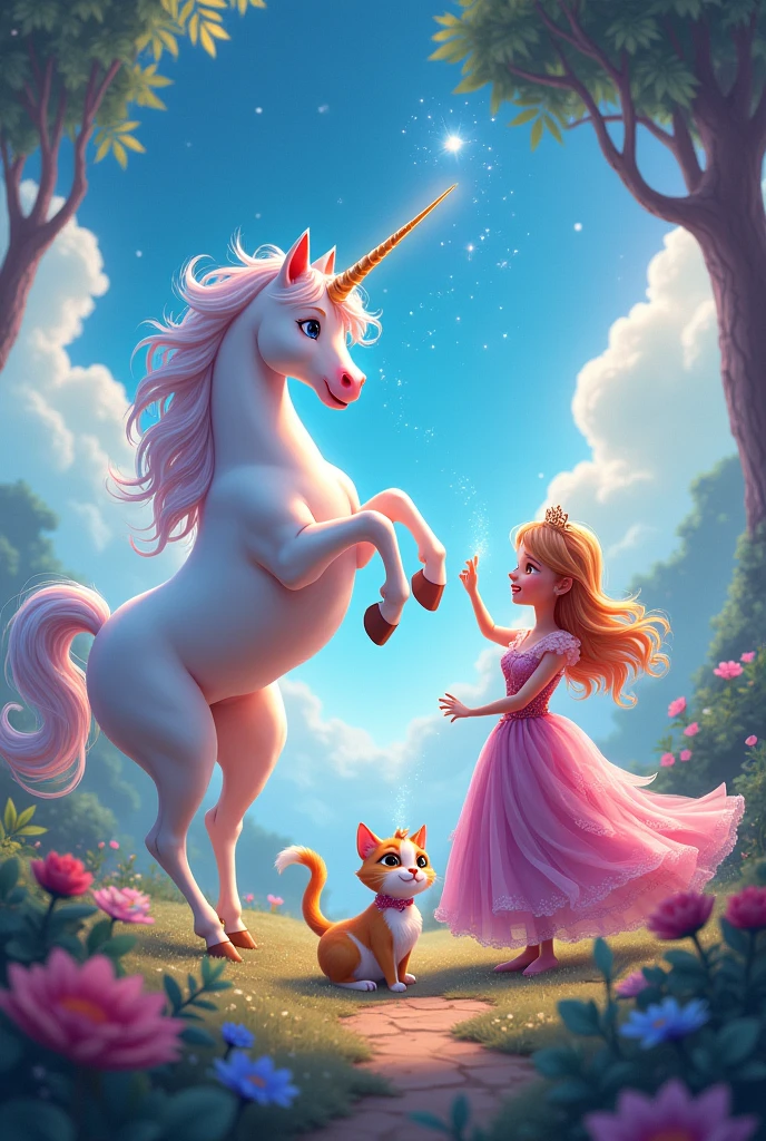 Animated cat with a unicorn and a princess
