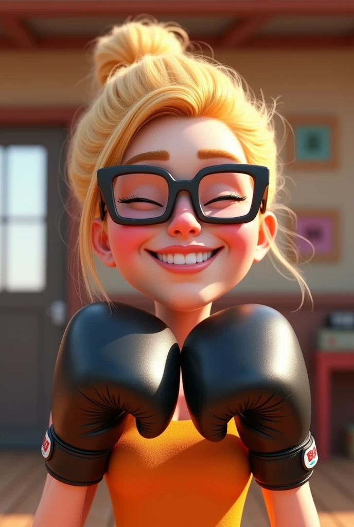 young blonde adult with a high bun, square glasses, her eyes are closed, her face is slightly long, hands with black boxing gloves, happy and smiling and having fun, pixar version