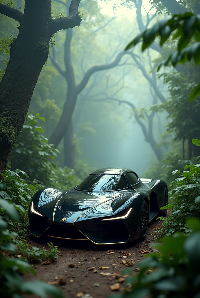 Black Aero Willis car in the Amazon rainforest in the style of Salvador Dalí.