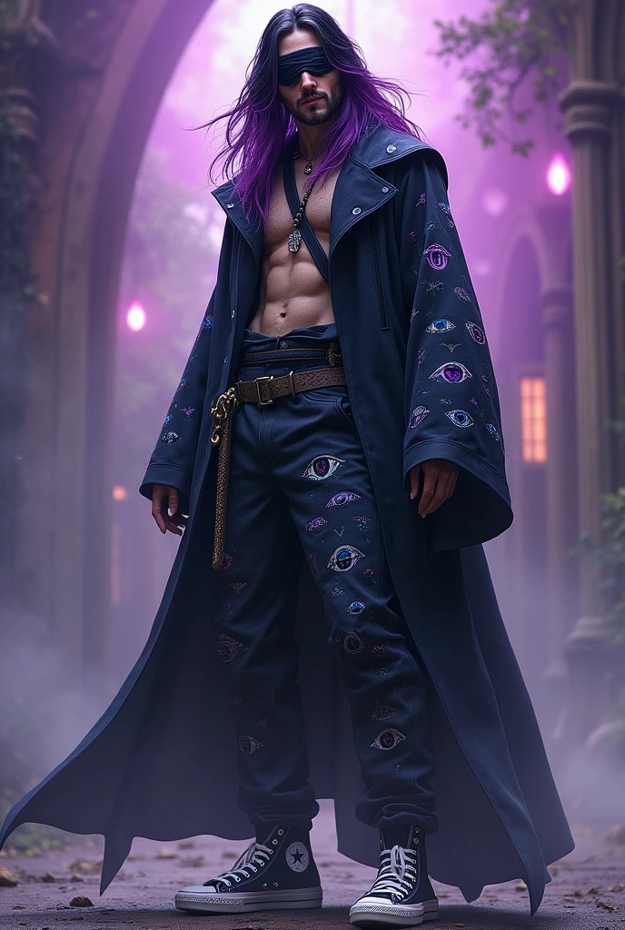 A male wizard with black hair and purple highlights with a blindfold covering his left eye only the left one. His clothes have drawing details with eyes. He is wearing ALL star sneakers.