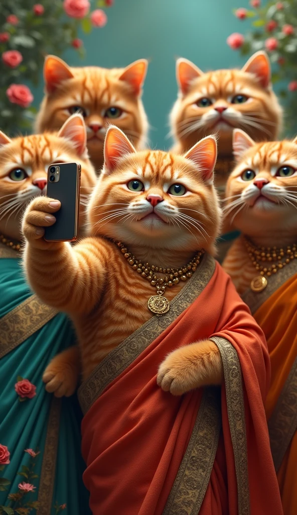 *Cat Selfie with Friends:**  
   "A group of five extra-large, fat ginger cats posing for a selfie. The cat holding the smartphone is wearing a saree, while the others are dressed in elegant gowns. They all have human-like teenage faces and expressions of joy."
