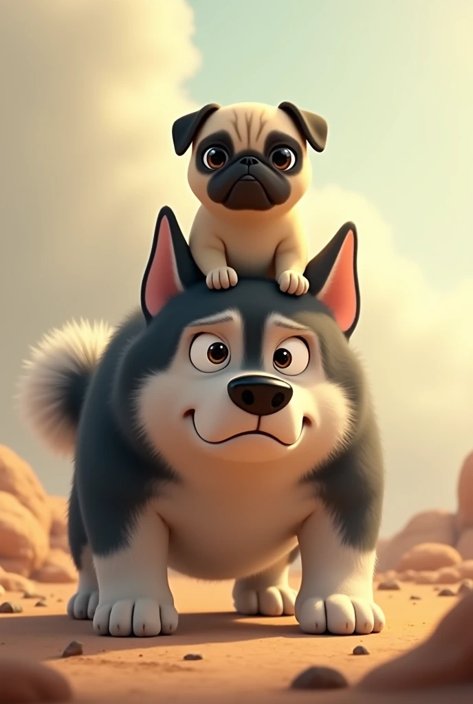 Pug riding big husky animated serious not so realistic