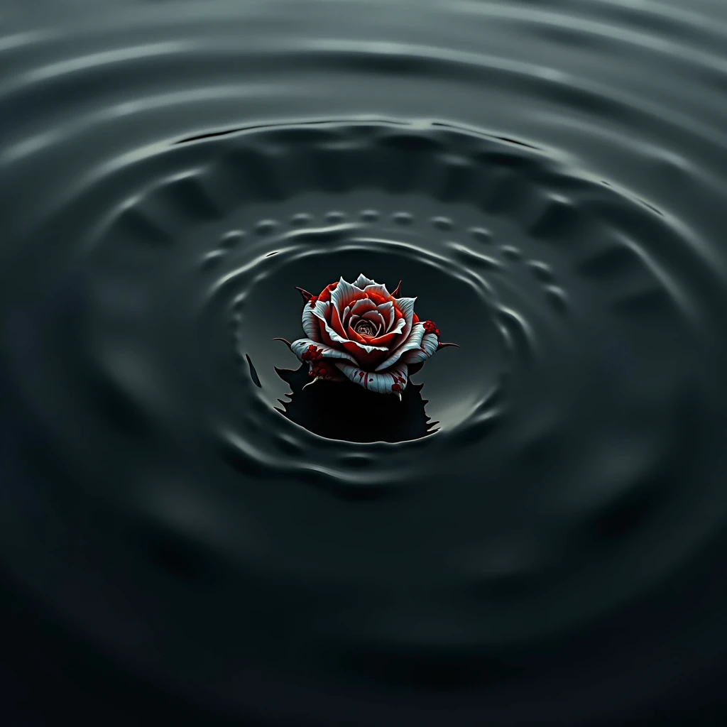 a burnt withering rosebud sinking into the ocean, top down, close up, black and white