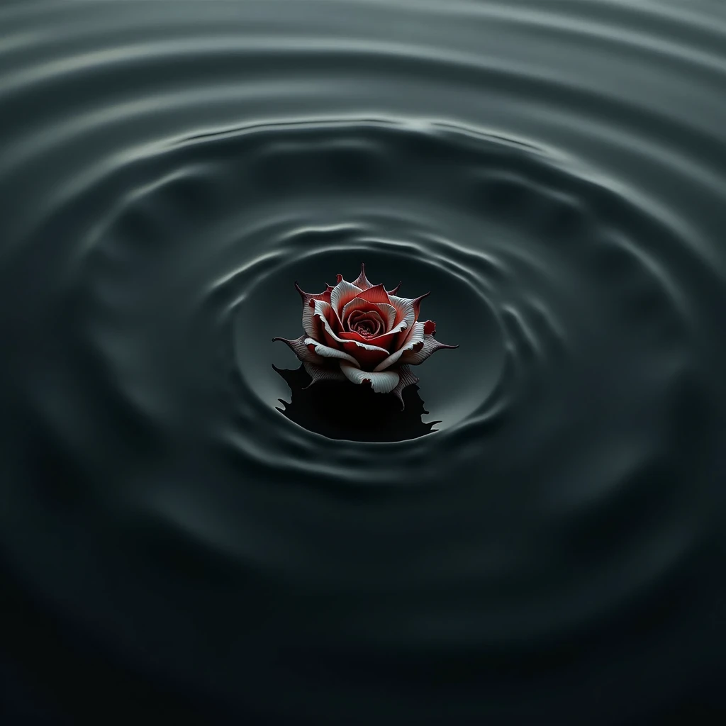 a burnt withering rosebud sinking into the ocean, top down, close up, black and white