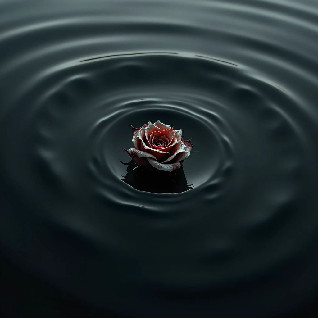 a burnt withering rosebud sinking into the ocean, top down, close up, black and white
