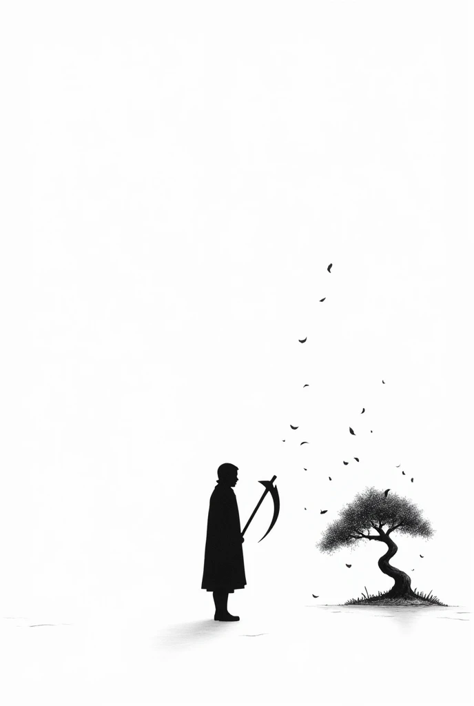 Big sickle just the sickle, facing a bonsai he is facing away the sword in his hand is lowered and the bonsai is dropping leaves. with simple black and white lines