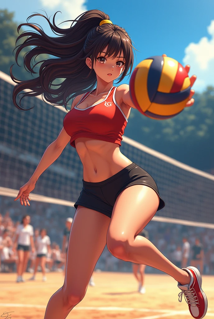 create an anime style NSFW image of a girl playing volleyball.