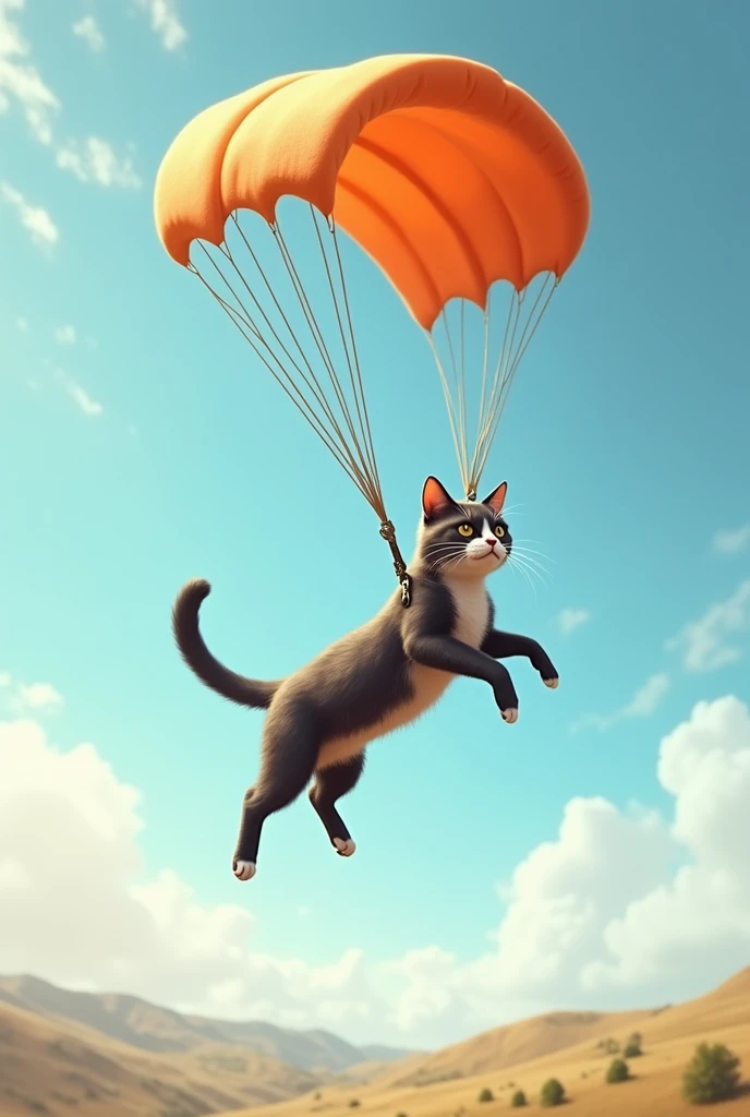 Cat jumping with a parachute.