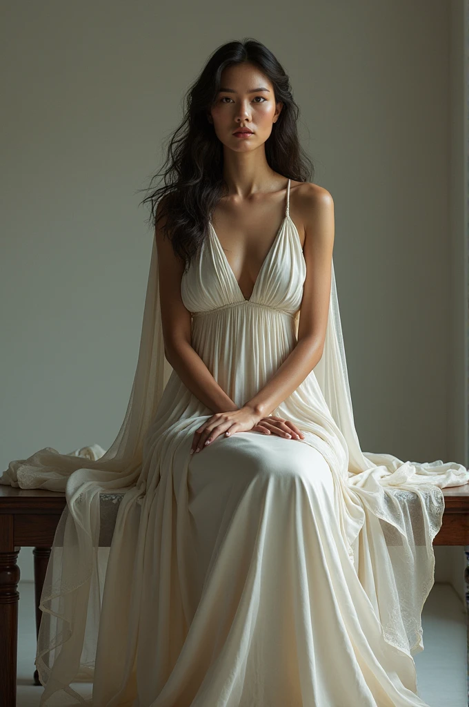 Woman, goddess, fierce aura, long flowing gown, sitting on table