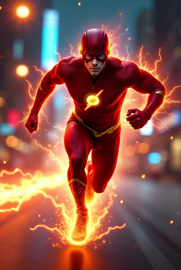 Create an ultra-realistic, highly detailed image of The Flash in the middle of a lightning-fast sprint through a bustling city at night. The scene captures the moment of his incredible speed, with streaks of electric red and yellow lightning trailing behind him as he races through the streets. His suit, a vibrant scarlet with gold accents, clings to his muscular frame, reflecting the glow of the city's neon lights. The Flash's expression is intense and focused, eyes forward as he navigates the urban landscape with precision. The environment around him is slightly blurred due to his sheer speed, but the motion lines and sparks of energy clearly define his path. The city is alive with activity, but The Flash moves as a streak of light, almost a blur to the human eye. The image is rendered in ultra-high definition, with every detail of his suit, the lightning effects, and the urban backdrop captured in stunning clarity, creating a dynamic and electrifying portrayal of the fastest man alive.