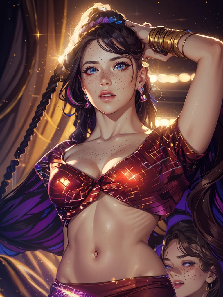 full body portrait of a beautiful woman, squatting spread legs, ((perfect feminine face)), (+long colorful wavy hair), (glitter freckles), glitter, wearing a dress, intricate, 8k, highly detailed, volumetric lighting, digital painting, intense, sharp, focu...