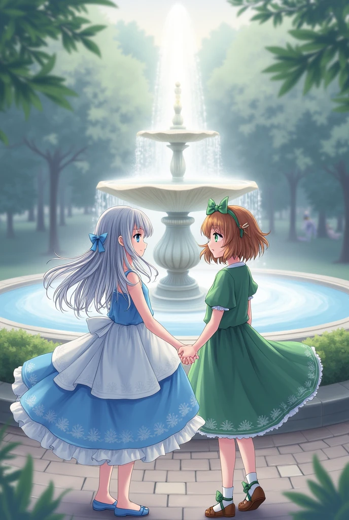 A 1 anime girl with long gray hair and blue eyes stands in front of a large water fountain in the evening wearing a blue and white dress and blue ribbons in her hair. Next to her is a girl with medium length brown hair and green eyes wearing a green dress and green ribbons in her hair.
