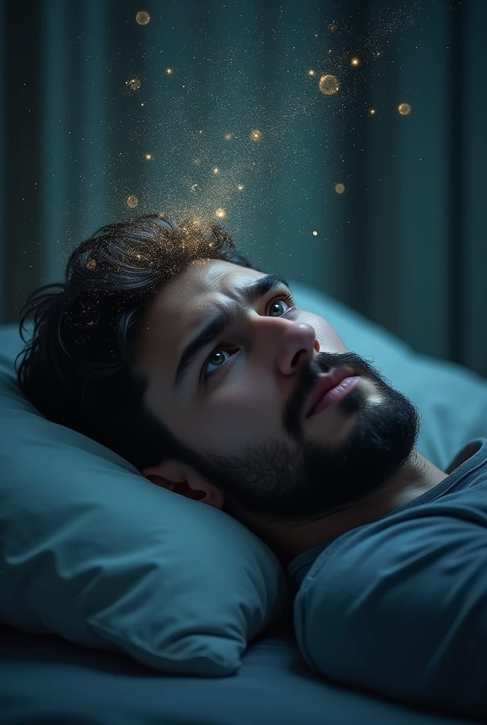 A sad young man with thin beard age of 24 lay down his bed in a dark little room and thinking about his love life problems, family problems, uncertain career, financial problems etc. Show his thoughts top of his head.