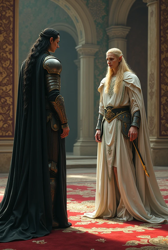in the royal hall, a young Warrior, tall, blue eyes, strong jaw, long black hair, with the face of actress Lucy Lawless, bowed before the imposing blond elven king, tall, thin, green eyes, long blond hair, wearing a white tunic with green details and wearing a delicate white crown.