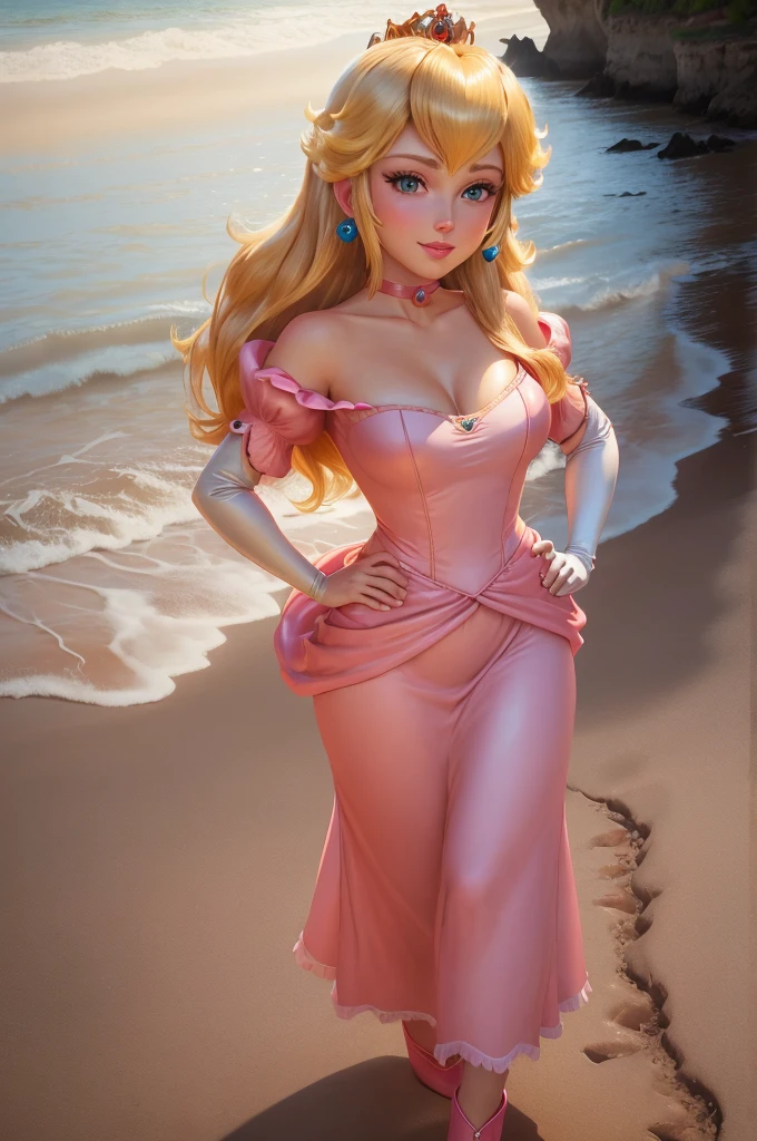 highres, masterpiece, perfect ligthing, bloom, cinematic lighting, adult, perfect skin, female, ((cowboy shot)), Hand on hip, smile, narrow waist, skinny, (PrincessPeach), (Princess Peach), (Pink Dress:1.2), choker, detailled eyes, blue eyes, choker, sensual, Beach boardwalk, pink lips, ((glossy lips)), pursed lips, pink pumps, glossy skin, oily skin, beautiful light, (day:1.3), bright,