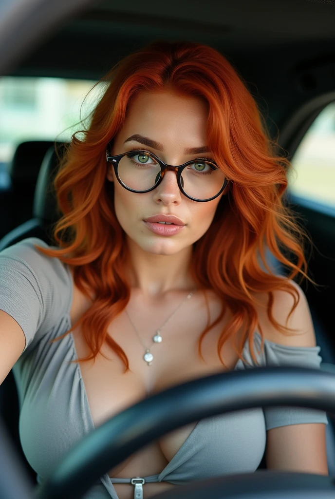A red-haired female influencer with green eyes, an innocent look and full lips. freckles on her cheeks. medium breasts. A mole on the right breast. rounded buttocks. wears glasses. Sexy. attractive. Full body wide shot from head to toe. in 8k. very detailed, (Full body shot:1) photorealistic image of a (pose:1) woman, Ultrarealistic, photography, long red hair, woman, 2, hourglass figure, perfect body, flirty look, natural medium breasts, back -blurred shot, she is lying in the back seat of a car, She is wearing white lace lingerie, long eyelashes, cat eye makeup, sexy pose, erotic pose, Seductive pose, in a parking lot, Late at night, damp windows, condensation on the windows, she removes one of her bra straps