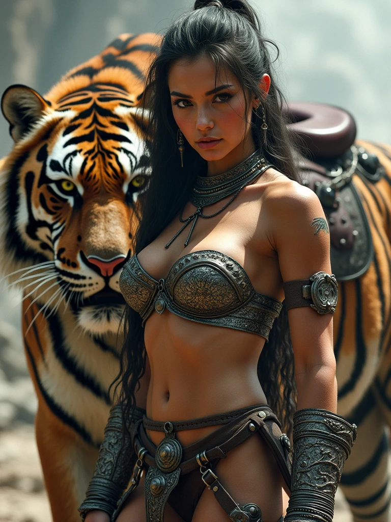 female warrior in chainmail bikini stood next to her very large Tiger with a saddle on it photo realism hd