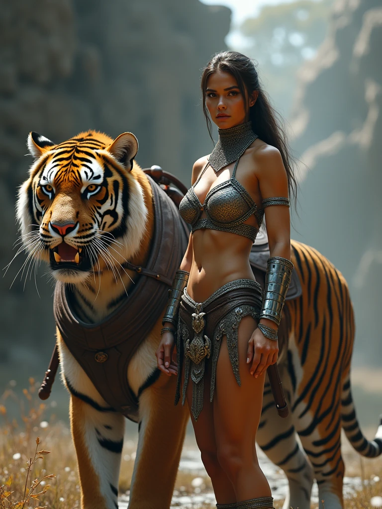 female warrior in chainmail bikini stood next to her very large Tiger with a saddle on it photo realism hd