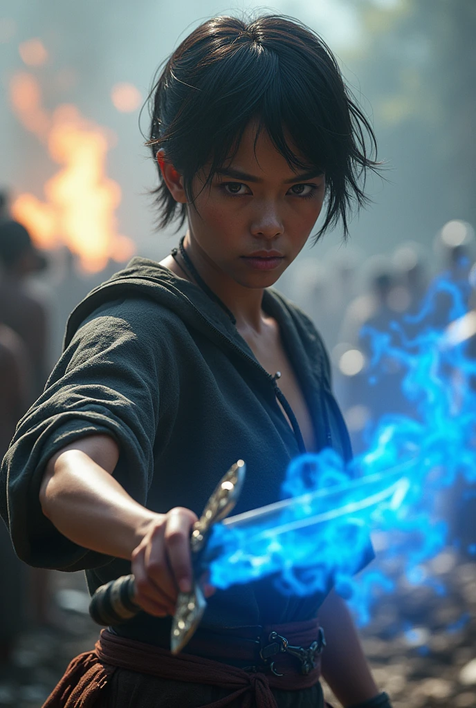(photorealism:1.2), beautiful javanese woman, 21years old. Big boobs, short hair,angry face, fighting pose with javanese keris.her eyes very sharp. Her face sad and angry because lost peoples. She is general of war. Background war of java 1600ad. Left hand grab blue fire and beam.