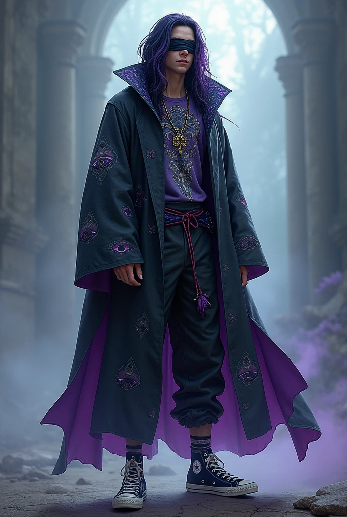 A male wizard with black hair and purple highlights with a blindfold covering his left eye only the left one. His clothes have drawing details with eyes. He is wearing ALL star sneakers.