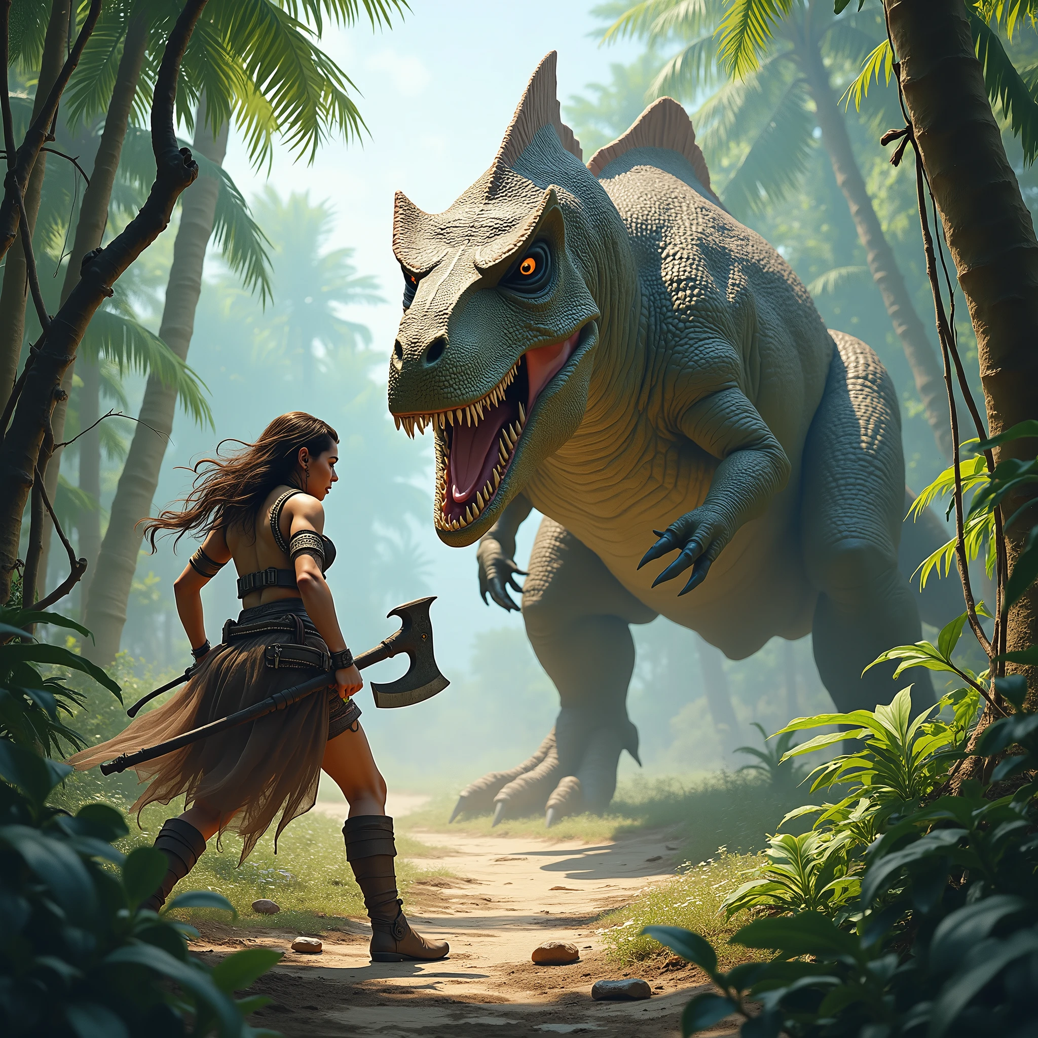 In a low fantasy, subtropical setting, a fierce female barbarian and a dinosaur are facing one another, battling each other.