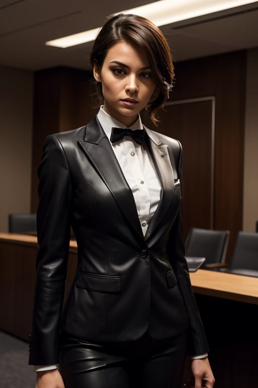 In a dramatic showdown, a powerful female protagonist is clad in a stylish suit: a crisp shirt, a tight tie neatly knotted, and a tailored waistcoat. She dons leather gloves that add both a touch of sophistication and practical protection. Her suit pants, sharp and well-fitted, complement the ensemble. As she tightens her tie with a confident flick, she exudes a blend of elegance and readiness. The sleek office environment, with its contemporary design, contrasts sharply with the intensity of her imminent fight. Her preparation and attire reflect a seamless transition from a poised executive to a skilled and formidable combatant, ready to take on any challenge with both strategic acumen and physical prowess.