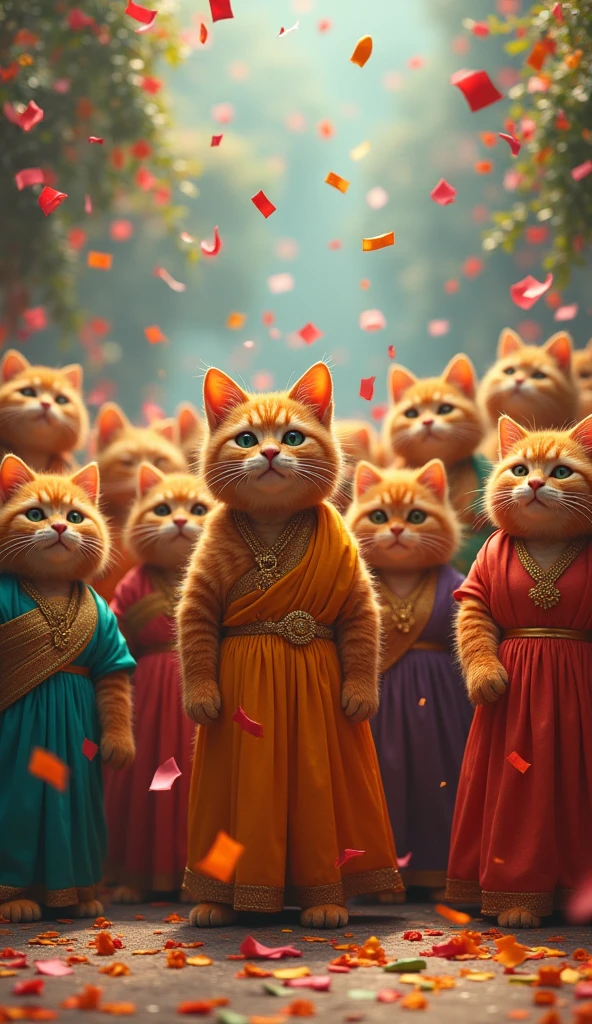 Confetti Shower:**
"Ten extra-large, fat ginger cats with human-like faces are standing under a shower of confetti. They are celebrating 100 subscribers, dressed in a mix of elegant evening gowns and colorful sarees, with happy and proud expressions."