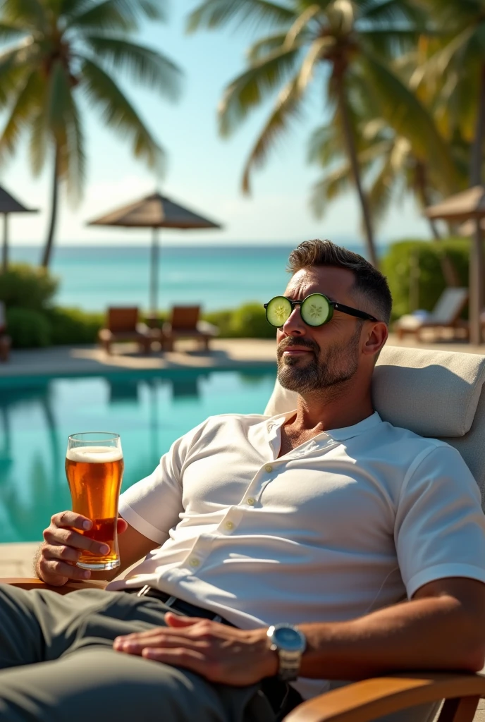 I need an image with a person resting after a day&#39;s work, at a resort lying on a sun lounger with a cucumber on his eyes and a glass of brown-toned draft beer, the man in the picture needs to look more successful, give him a better body but without making the image sensual