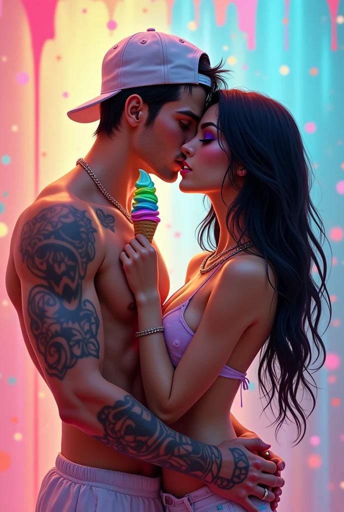 couple, holding each other, male with short black hair with white snapback, female with long black hair, pastel holographic rainbow top with white fishnet, pastel rainbow paint splatter in background, rainbows in the background, wet skin, big lips, shiny skin, smiling, chains, tattoos, ice cream on tongue, holding rainbow ice cream, melting