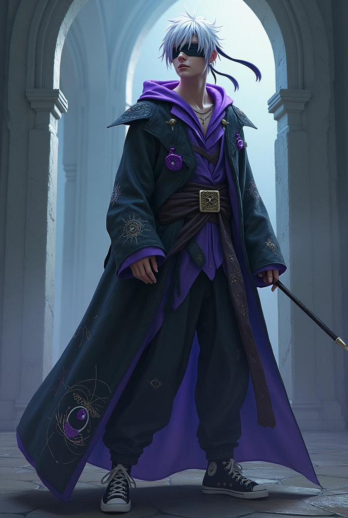 A male wizard with white hair and purple highlights with a blindfold covering his left eye and only the left eye. His clothes have drawing details with eyes. He wears ALL star sneakers.