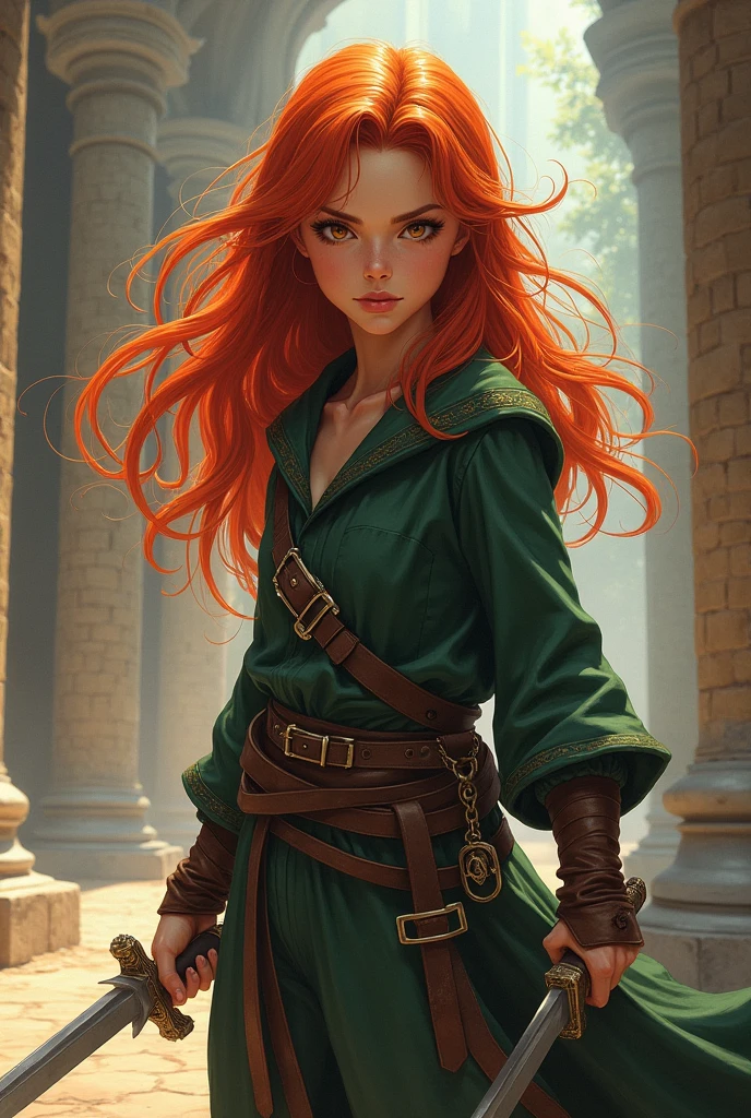 Girl about five feet tall, skin fair, long curly red hair. Holding two daggers in an open, sunny environment. Thief clothes. dark fantasy style. Berserk 1997 anime style.