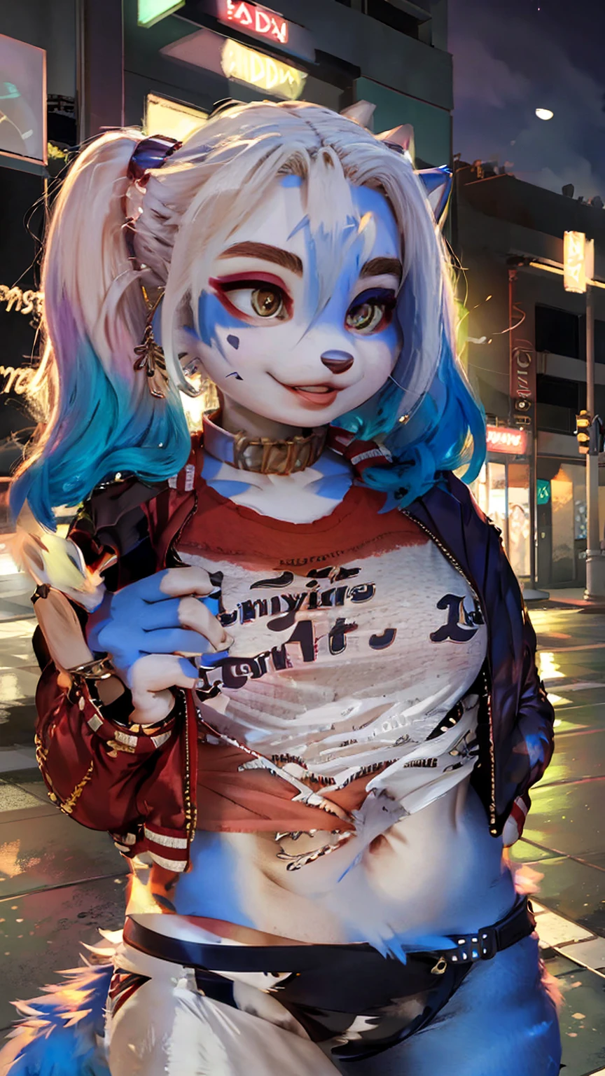 A beautiful and detailed (sweet picture) wa ((krystal)), Star Fox krystal, sslim, lovable, green eyes, medium breasts, (((Long blue hair 1.3))), Decollete, anthro, furry, Uploaded E621, detailed fluffy fur, (wa Fluff-Kevlar, Bayard Wu, Pino Daeni), detailed face, (fluffy), 1 girl, alone, sweet girl, (((hole body))), ((( torn t-shirt))), hotpants, leather jacket,