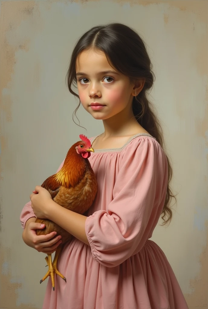 Portrait of a  Argentinian girl, with a pink dress, holding a chicken; with a style of 19th century noble portraits.