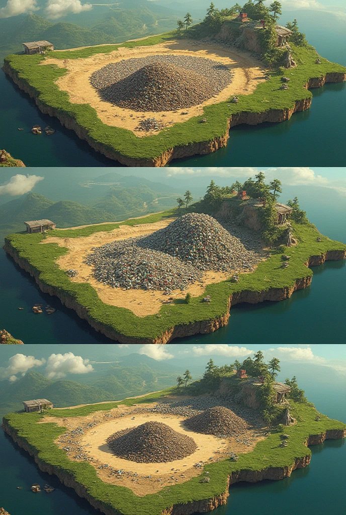 Sanitary landfill of a village, Make it for me in the form of a cartography with garbage scattered on the grass from the past, One of the present a little more organized and one of the future well organized., based on Colombia's landfills