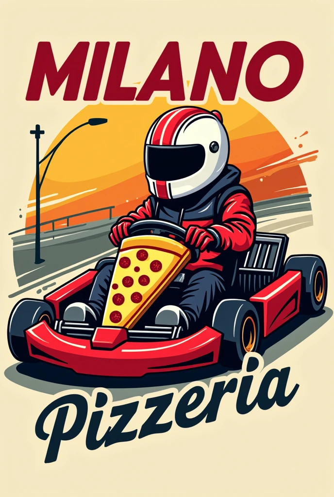 Text Milano Pizza for the electric karting pizzeria . Logo with a neat and humorous design evoking both kart racing, and Italian pizza.