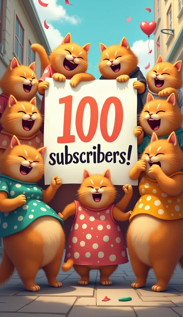 
Cats Around the Banner:**  
   "A group of extra-large, fat ginger cats with human-like teenage faces gather around a large banner that says '100 Subscribers!'. They are all wearing dresses and showing a variety of joyful and excited expressions."
