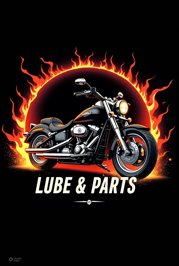 Creat a Small logo photo with word Meeran Lube & Parts with motor bike in black background with fire