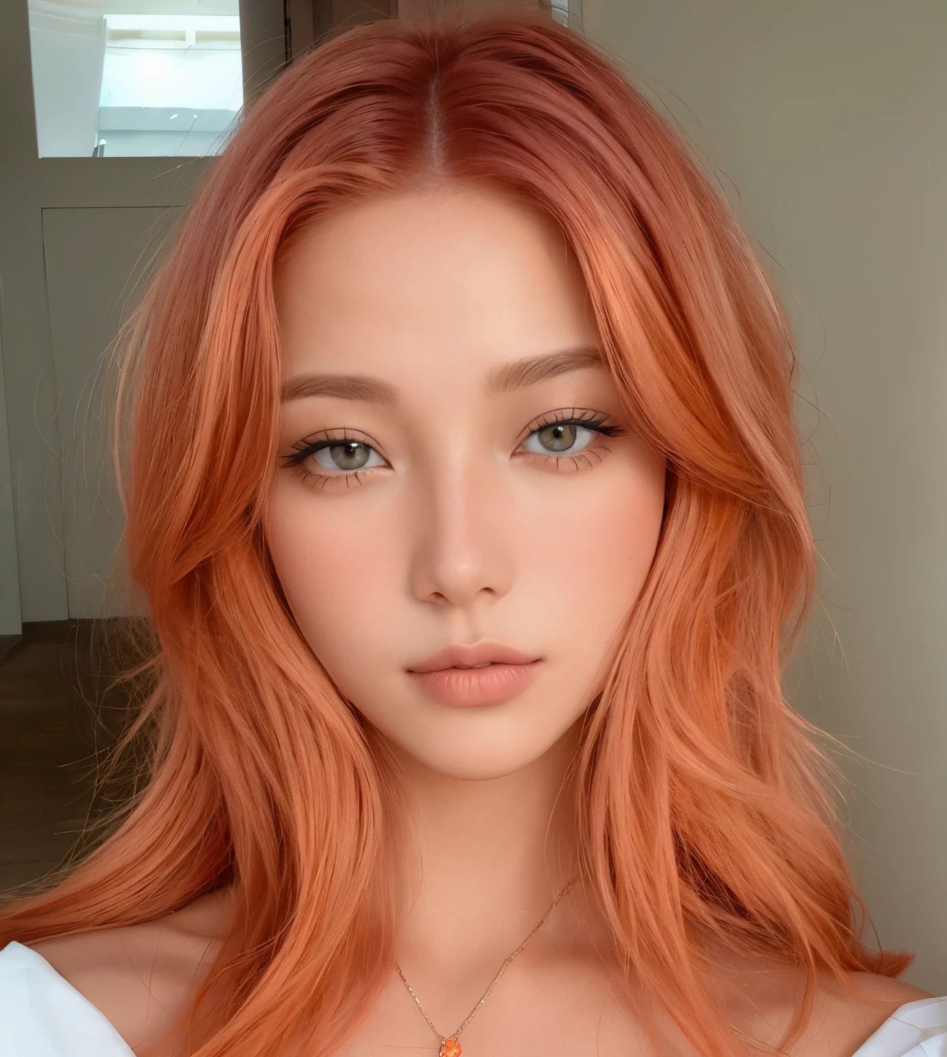 Femme aux cheveux roux et haut blanc posant pour une photo, cheveux orange brillant, orange tonique et rose pastel, cheveux brun corail, Portrait Sophie Mudd, bright cheveux roux, cheveux roux clair, Cheveux cuivrés, long wavy cheveux roux, cheveux teints en rouge, she has long red, brillamment coloré, visage détaillé, jeune femme type asiatique, a la plage, beau temps , plage ensoleillé