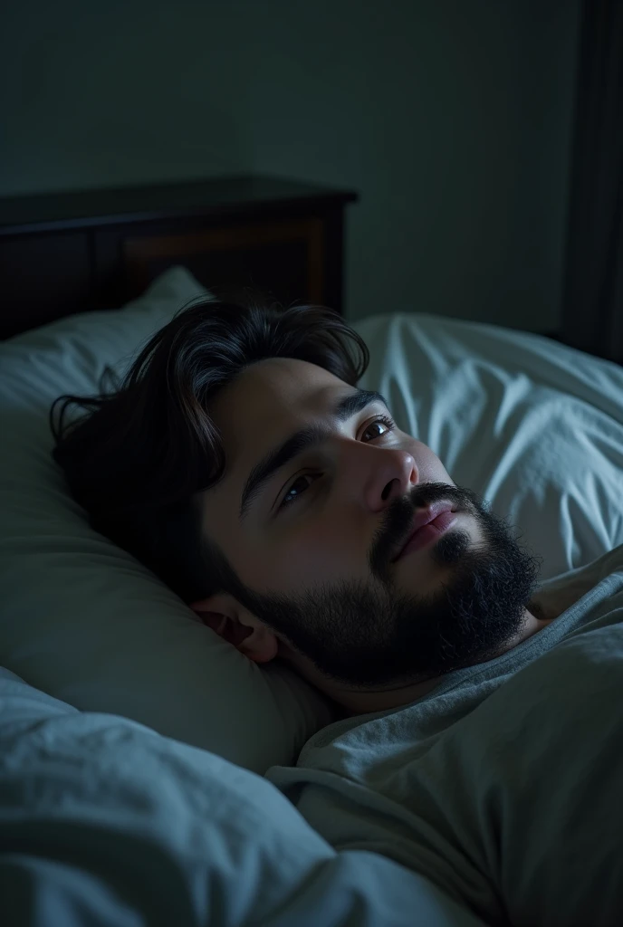 A sad young oval faced man with thin beard age of 24 lay down his bed in a dark room and thinking about his love life problems, family problems, uncertain career, financial problems etc. Show his thoughts top of his head.