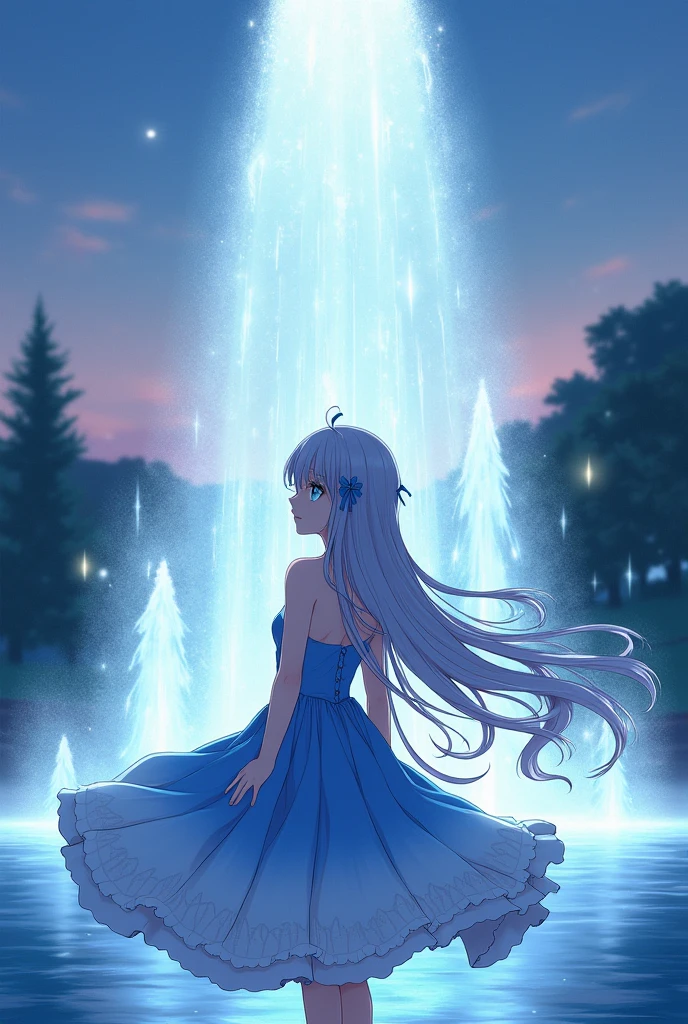 1 anime girl with long gray hair and blue eyes standing in front of a large water fountain in the evening wearing a blue and white dress and blue ribbons in her hair 
