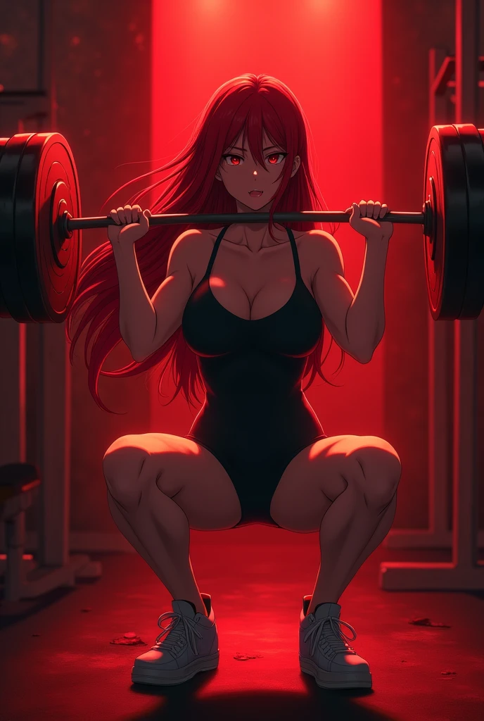 Create an anime girl holding a barbell at the gym, leave the hem on the shoulders and add a black swimsuit covering your entire body and legs, make her hair red and make the gym lit red leave the bra on her back, as if she were training her legs, leave the bar on your back , now lower her legs and make her open her mouth , make her hair longer