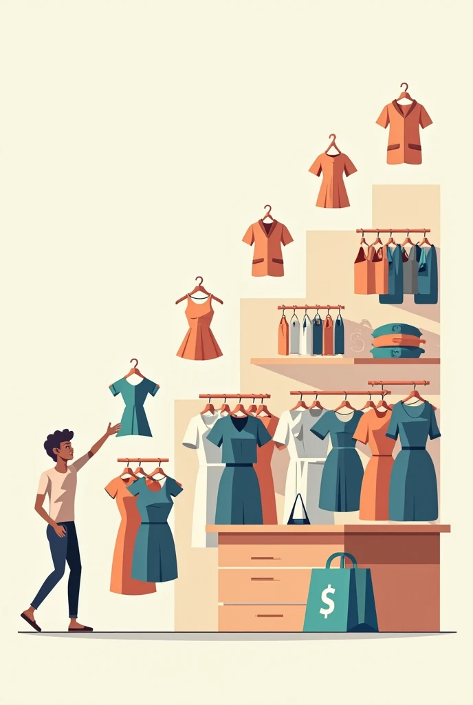 2. Clothing Store • Growth Stage: Draw a hanger with a single item of clothing that is multiplied into several hangers with more clothes on the same line..
• Sustainment Stage: A drawing of a counter with several hangers full of well-organized clothes, showing a stable store.
• Profitability Stage: Draw a shopping bag with a dollar sign, representing customers by constantly purchasing and generating profits.