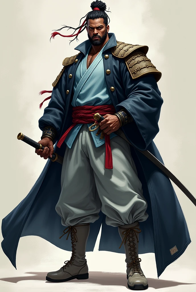 black male,eyes browns, brawny, Cao Cao, short dreadlocks hair, light blue jacket with collar, shiny black overcoat, Gray pants, light shoes, sword in hand.