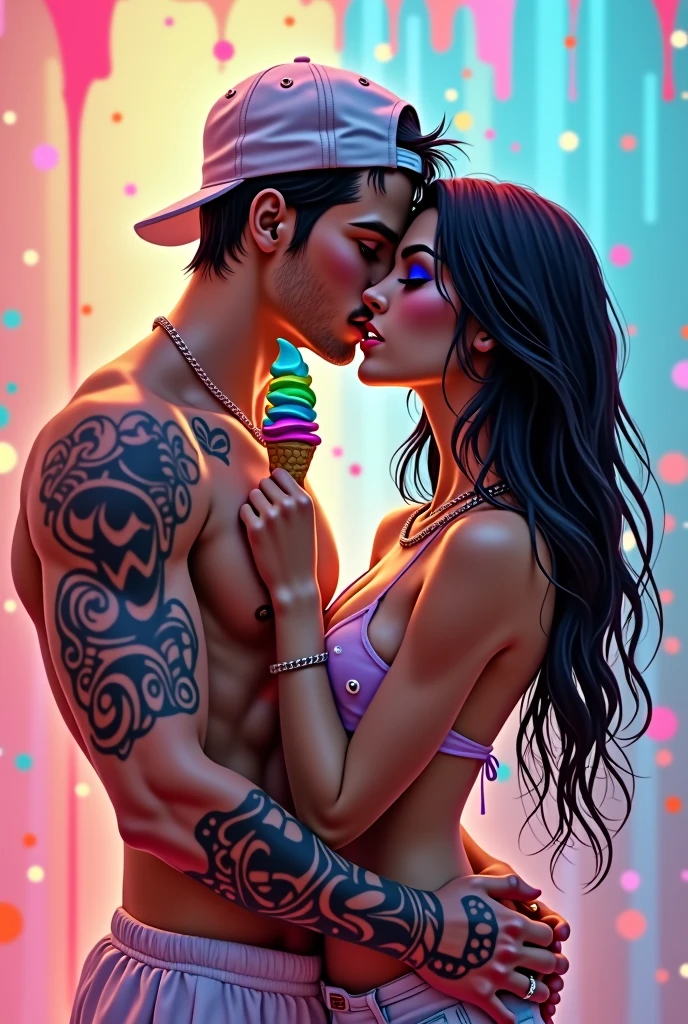 realistic, couple, holding each other, male with short black hair with white snapback, female with long black hair, pastel holographic rainbow top with white fishnet, pastel rainbow paint splatter in background, rainbows in the background, wet skin, big lips, shiny skin, smiling, chains, tattoos, ice cream on tongue, holding rainbow ice cream, melting