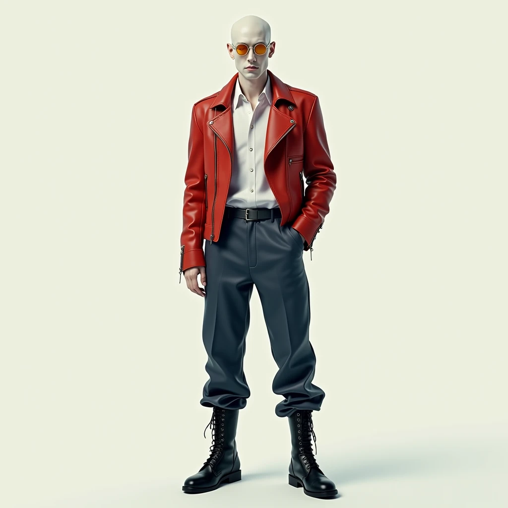 An albino man, offwhite, Athletic, Soft, stark.
He has yellow eyes.
He has a beautiful face.
He's pale.
He is posing, num fundo offwhite.

He wears a white dress shirt, a red leather jacket, dark blue leather pants and black military boots. He wears silver glasses with red lenses above his head..
He resembles actor Aaron Taylor Johnson.
realist art.
Full body.