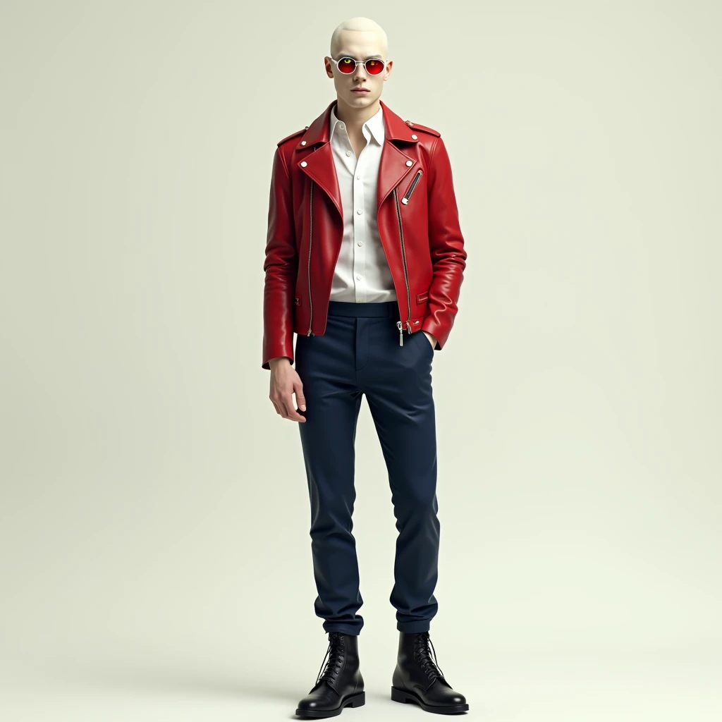 An albino man, offwhite, Athletic, Soft, stark.
He has yellow eyes.
He has a beautiful face.
He's pale.
He is posing, num fundo offwhite.
He wears a white dress shirt, a red leather jacket, dark blue leather pants and black military boots. He wears silver glasses with red lenses above his head..
He resembles actor Aaron Taylor Johnson.
realist art.
Full body.