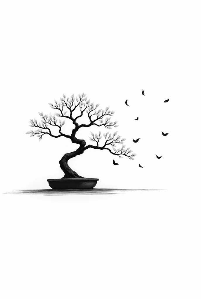 the bonsai is dropping leaves. with simple black and white lines