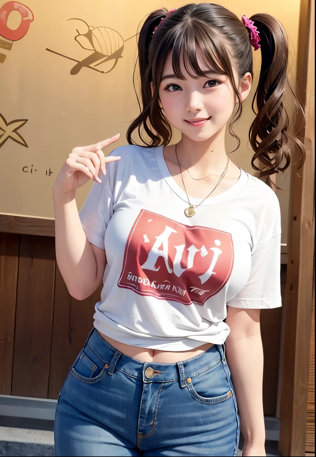 (Highest quality,masterpiece:1.3,Ultra-high resolution),(Very detailed、Caustics) (Realistic:1.4, RAW shooting、)Ultra-Realistic Capture、Very detailed、Natural skin texture、masterpiece、(A Japanese  wearing an alphabet-patterned ringer T-shirt and jeans:1.3)、Adorable expression、Expressions of happiness、、height: 140cm、Baby Face、Pure、Amazingly  tail haire、Curly Hair、Scrunchie、necklace、Black Hair、Large Breasts、Shining thighs、Photo taken in front of a sex shop in the entertainment district、Night photography、smile、An inviting gaze、(Anatomically correct)、Cowboy Shot、Attention to detail、Bring your chest closer and emphasize、