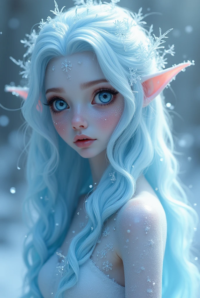 Ice creatures Their eyes are deep blue or silver gray, and her hair varies between white and blue tones. His build is tall and slender., giving them an ethereal and elegant appearance. In its presence, the air gets colder, and are often seen surrounded by light mists of ice and snow.
