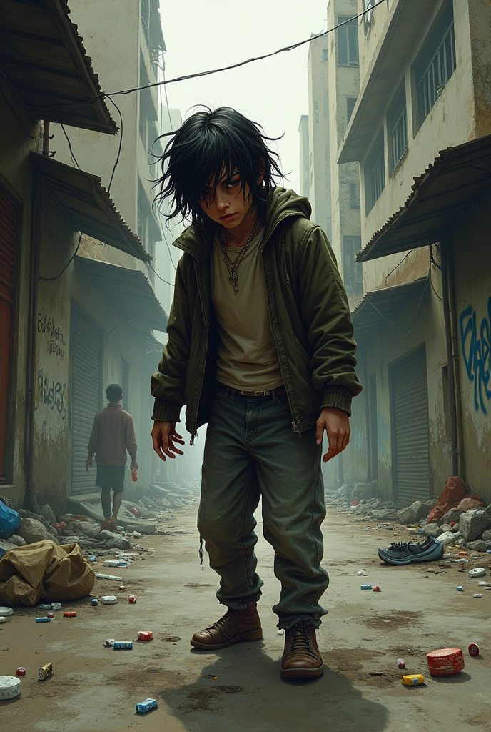 Drawing of a teenager on the street consuming drugs and bad alcohol 